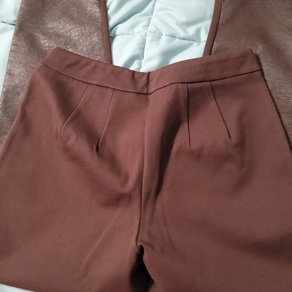 Joan Rivers Women's Petite Pants S/P Signature Knit Faux Leather‎ Brown a461883